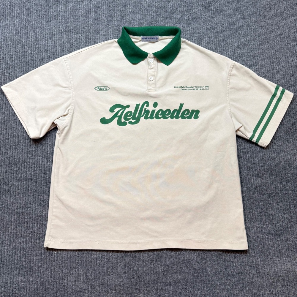 Aelfric Eden Mens Cream Green Graphic Polo Shirt Short Sleeve Streetwear Small
